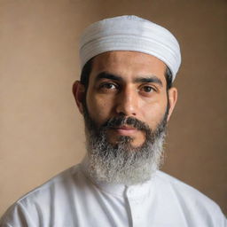 A respectful portrait of a Muslim man dressed in traditional attire with a white taqiyah cap, a well-groomed beard and illuminated by soft, warm light.