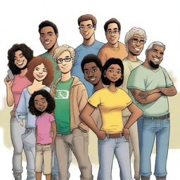 Uma imagem em formato de desenho que apresenta os personagens da primeira foto, um grupo de pessoas, posicionados no lugar dos personagens da segunda foto, que é um pôster do filme 'Far Street'