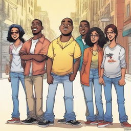 Uma imagem em formato de desenho que apresenta os personagens da primeira foto, um grupo de pessoas, posicionados no lugar dos personagens da segunda foto, que é um pôster do filme 'Far Street'