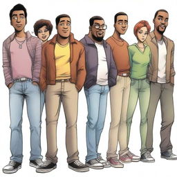 Uma imagem em formato de desenho que apresenta os personagens da primeira foto, um grupo de pessoas, posicionados no lugar dos personagens da segunda foto, que é um pôster do filme 'Far Street'