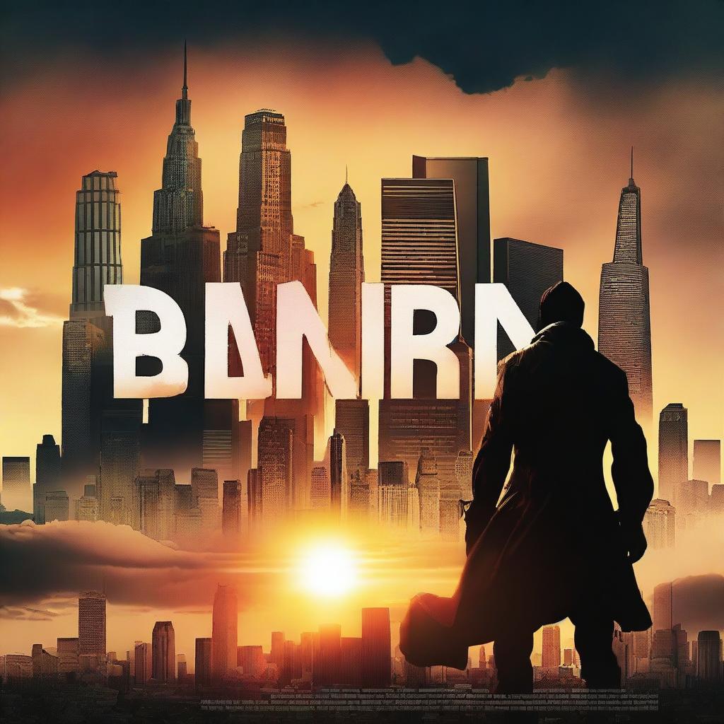 Create a captivating movie poster featuring a heroic character standing against a dramatic sunset, with bold, eye-catching fonts for the title and credits