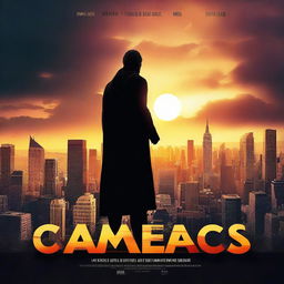 Create a captivating movie poster featuring a heroic character standing against a dramatic sunset, with bold, eye-catching fonts for the title and credits