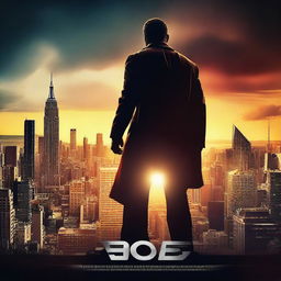 Create a captivating movie poster featuring a heroic character standing against a dramatic sunset, with bold, eye-catching fonts for the title and credits