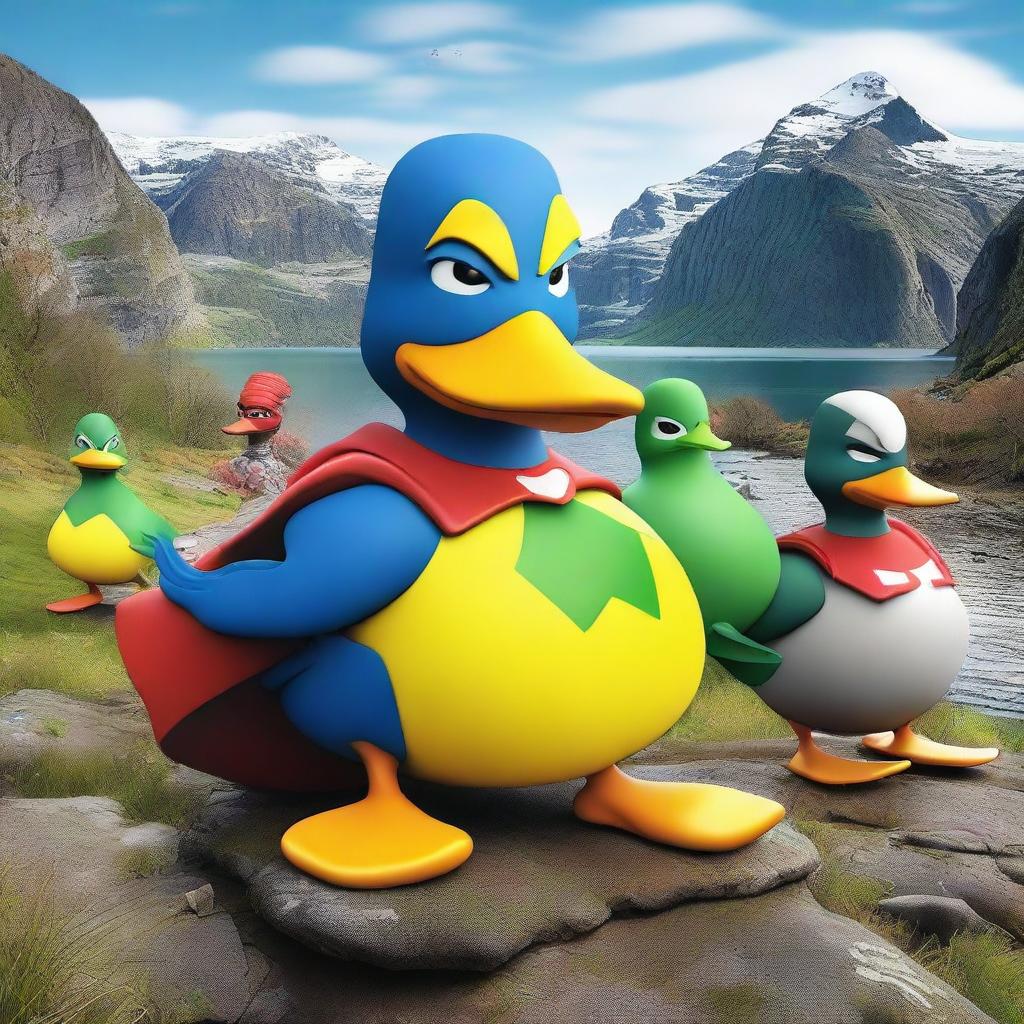 Create an image featuring 9 ducks dressed as superheroes, each with unique costumes and powers