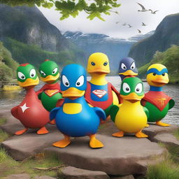 Create an image featuring 9 ducks dressed as superheroes, each with unique costumes and powers