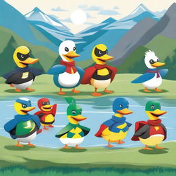 Create an image featuring 9 ducks dressed as superheroes, each with unique costumes and powers