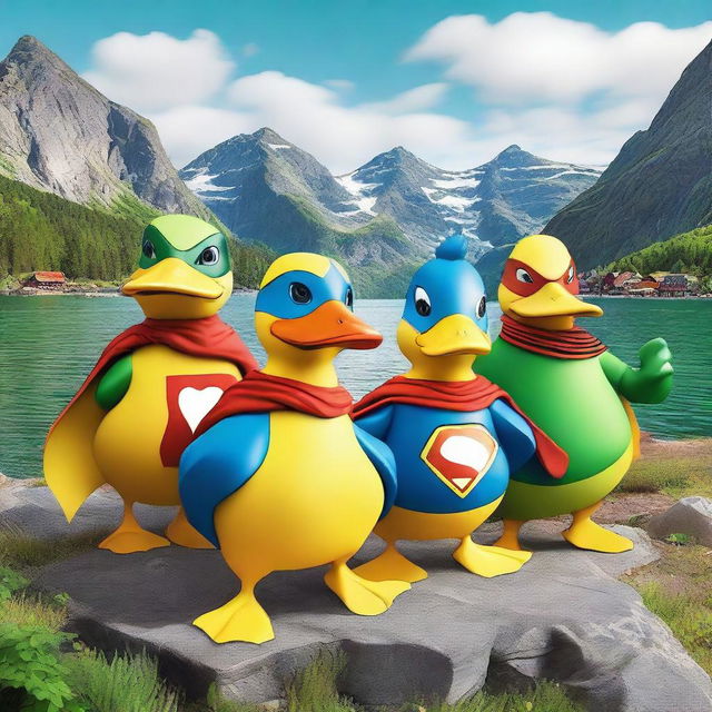 Create an image featuring 9 ducks dressed as superheroes, each with unique costumes and powers