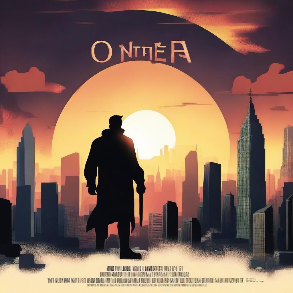 Create a captivating movie poster featuring a heroic character standing against a dramatic sunset, with bold, eye-catching fonts for the title and credits