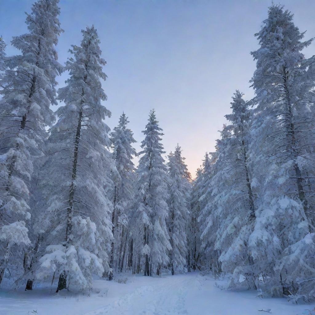 An enchanting scene of a silent, snowy forest at dusk, with tall, proud trees covered in a soft blanket of white snow, under a sky swirling with different shades of blue.