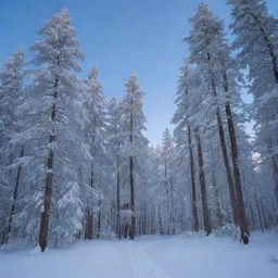 An enchanting scene of a silent, snowy forest at dusk, with tall, proud trees covered in a soft blanket of white snow, under a sky swirling with different shades of blue.