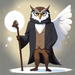 An owlfolk character with snow white feathers, wearing a black suit and glasses