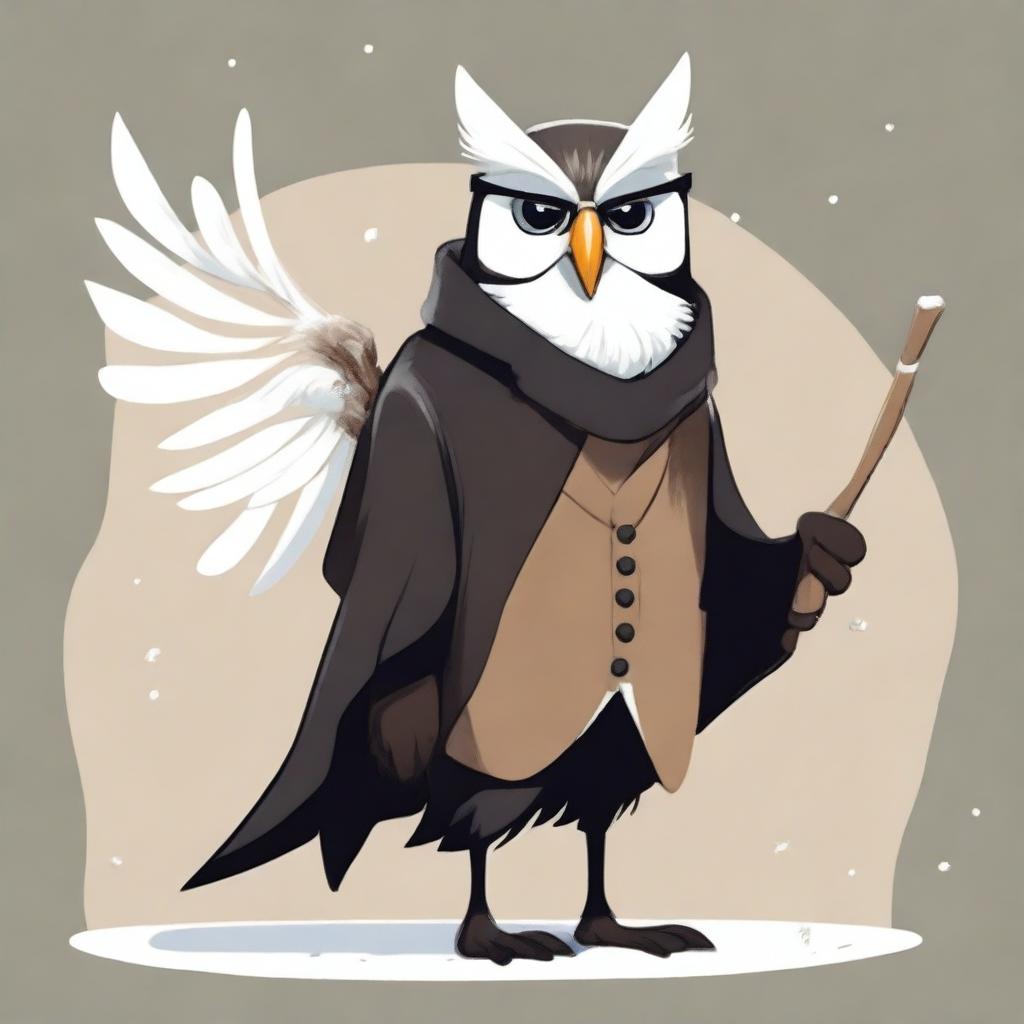 An owlfolk character with snow white feathers, wearing a black suit and glasses