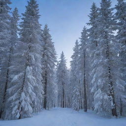 An enchanting scene of a silent, snowy forest at dusk, with tall, proud trees covered in a soft blanket of white snow, under a sky swirling with different shades of blue.