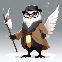 An owlfolk character with snow white feathers, wearing a black suit and glasses