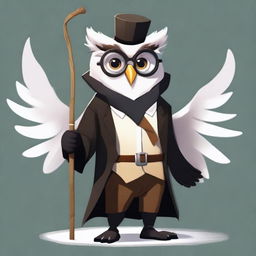 An owlfolk character with snow white feathers, wearing a black suit and glasses