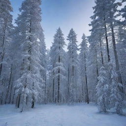 An enchanting scene of a silent, snowy forest at dusk, with tall, proud trees covered in a soft blanket of white snow, under a sky swirling with different shades of blue.