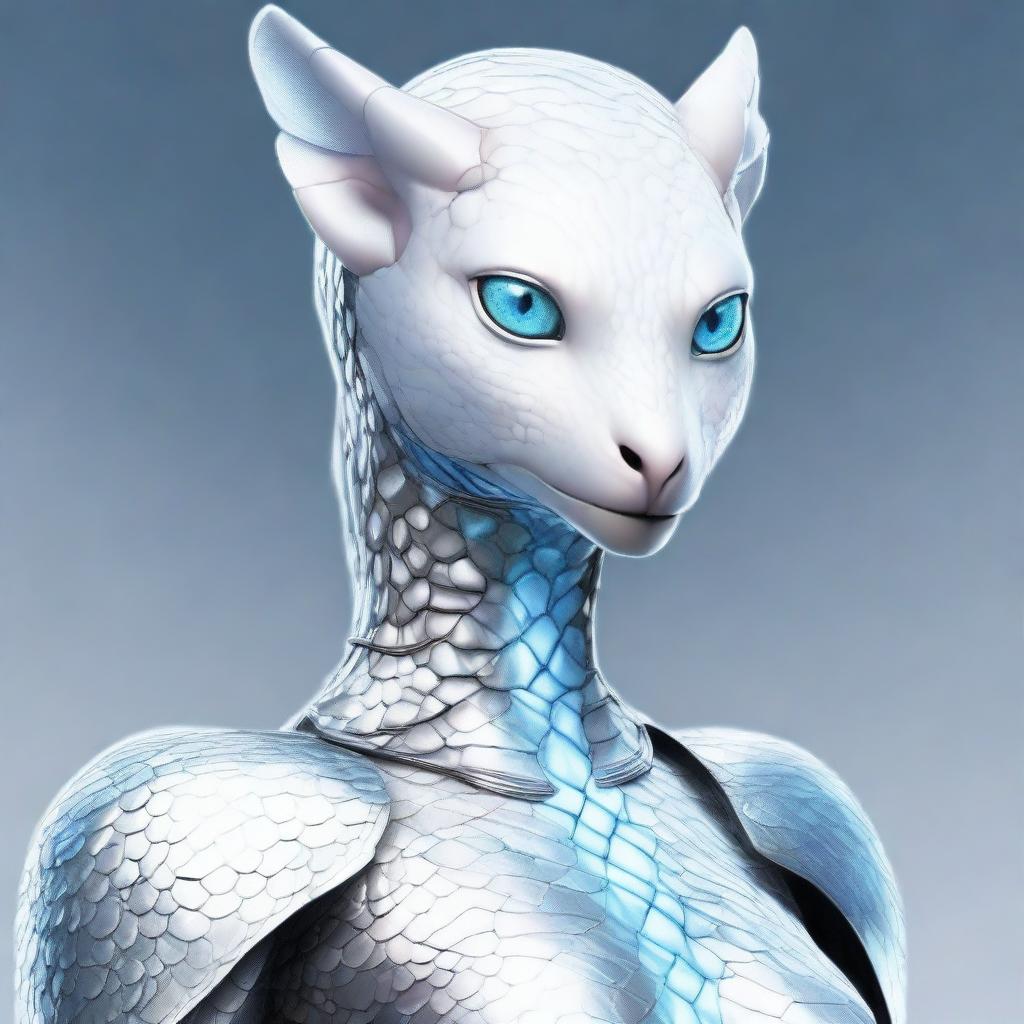 A detailed depiction of Lyra, a white-skinned humanoid avian with pale blue eyes