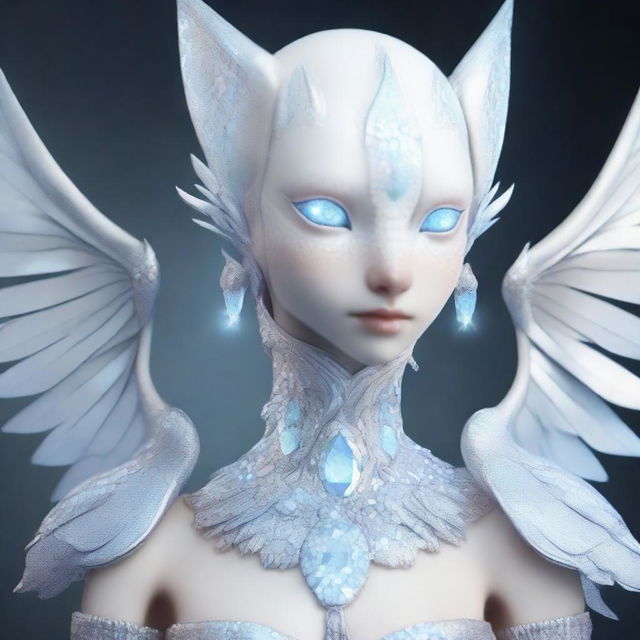 A detailed depiction of Lyra, a white-skinned humanoid avian with pale blue eyes