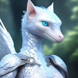 A detailed depiction of Lyra, a white-skinned humanoid avian with pale blue eyes