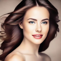 Create an image of a beautiful woman with striking features, captivating eyes, and a warm smile