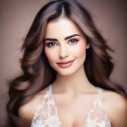 Create an image of a beautiful woman with striking features, captivating eyes, and a warm smile