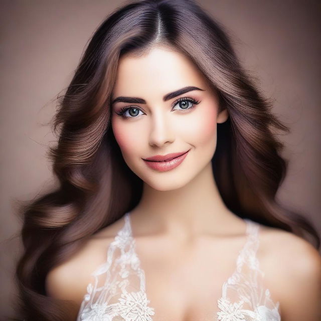 Create an image of a beautiful woman with striking features, captivating eyes, and a warm smile