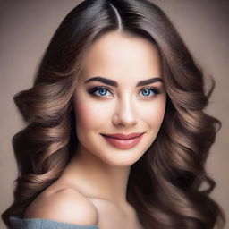 Create an image of a beautiful woman with striking features, captivating eyes, and a warm smile