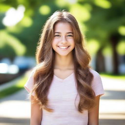 A beautiful 16-year-old girl with a radiant smile, flowing hair, and a cheerful demeanor