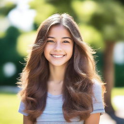 A beautiful 16-year-old girl with a radiant smile, flowing hair, and a cheerful demeanor