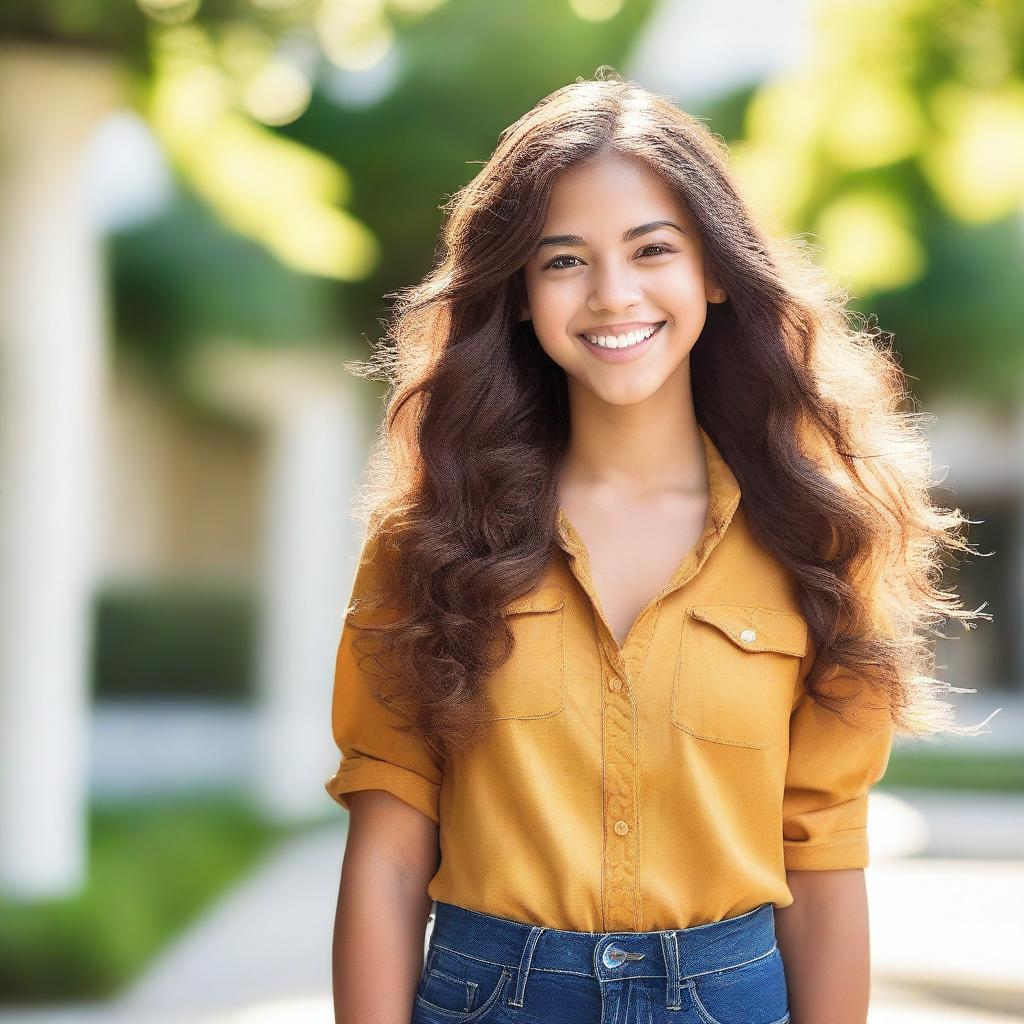 A beautiful 16-year-old girl with a radiant smile, flowing hair, and a cheerful demeanor