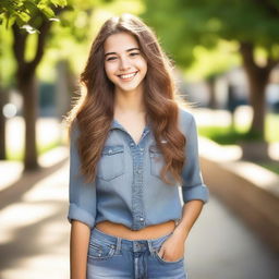 A beautiful 16-year-old girl with a radiant smile, flowing hair, and a cheerful demeanor