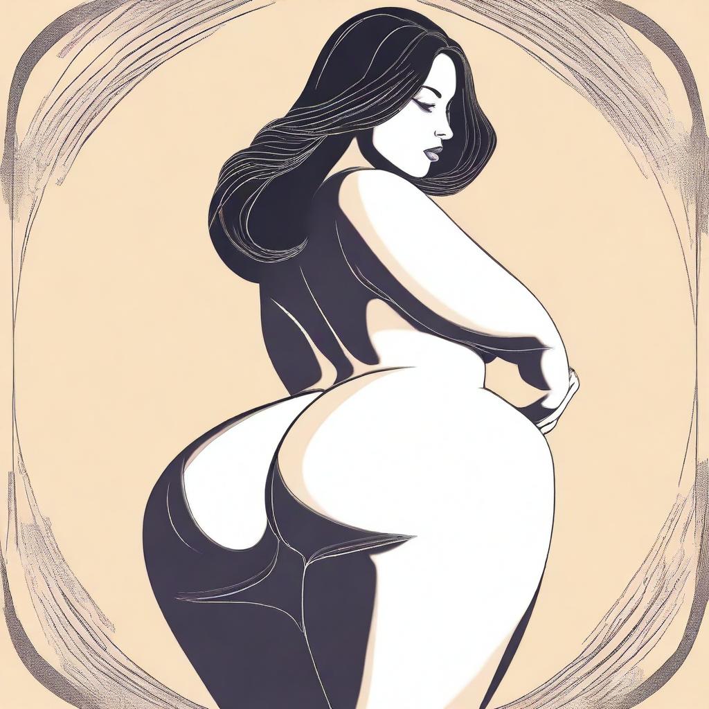 A stylized illustration of a woman with exaggerated curves, focusing on her large hips and buttocks