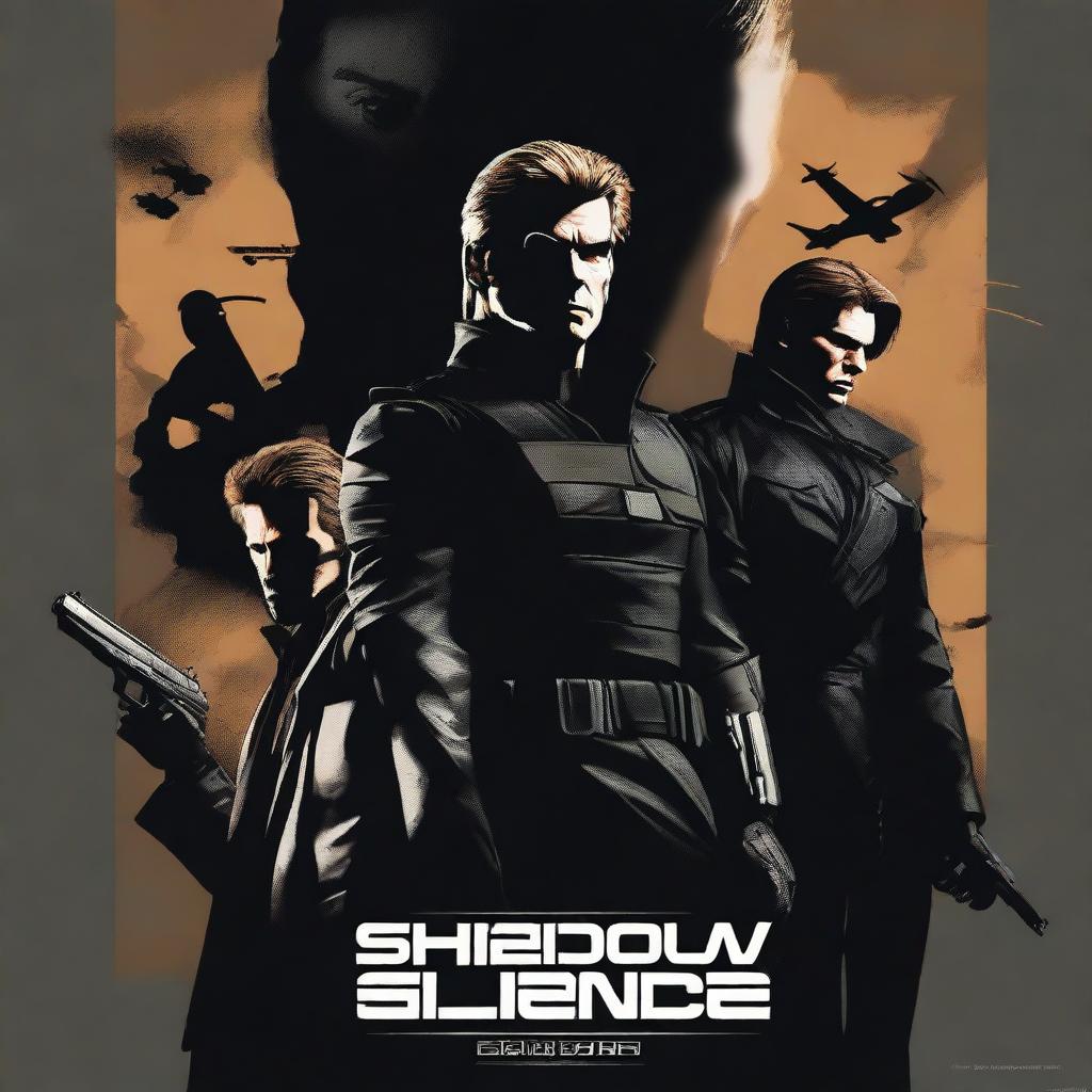 Create a movie poster for a crossover movie saga called 'Shadow Alliance' featuring Solid Snake, Ethan Hunt, and James Bond as the main protagonists, with other spies joining in each saga