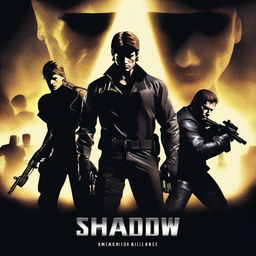 Create a movie poster for a crossover movie saga called 'Shadow Alliance' featuring Solid Snake, Ethan Hunt, and James Bond as the main protagonists, with other spies joining in each saga