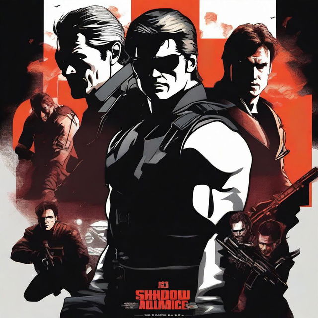 Create a movie poster for a crossover movie saga called 'Shadow Alliance' starring Solid Snake, Ethan Hunt, James Bond, and other spies from pop culture