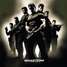 Create a movie poster for a crossover movie saga called 'Shadow Alliance' starring Solid Snake, Ethan Hunt, James Bond, and other spies from pop culture