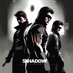 Create a movie poster for a crossover movie saga called 'Shadow Alliance' starring Solid Snake, Ethan Hunt, James Bond, and other spies from pop culture