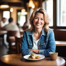 A 40-year-old woman wearing jeans is sitting at a restaurant