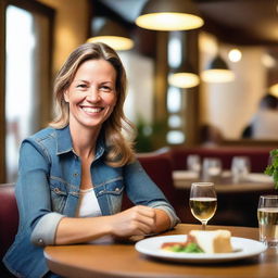 A 40-year-old woman wearing jeans is sitting at a restaurant