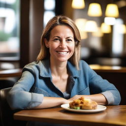 A 40-year-old woman wearing jeans is sitting at a restaurant