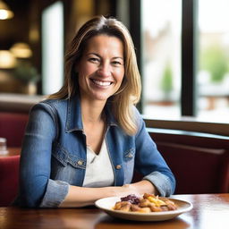 A 40-year-old woman wearing jeans is sitting at a restaurant