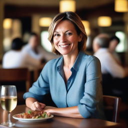 A 40-year-old female wearing a casual shirt, sitting at a table in a restaurant