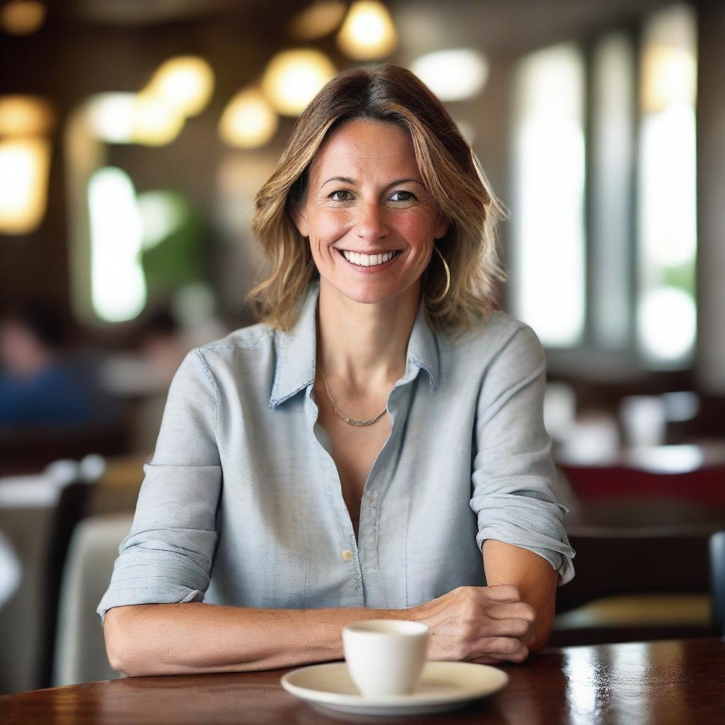 A 40-year-old female wearing a casual shirt, sitting at a table in a restaurant