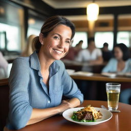 A 40-year-old female wearing a casual shirt, sitting at a table in a restaurant