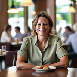 A 40-year-old female wearing a casual shirt, sitting at a table in a restaurant