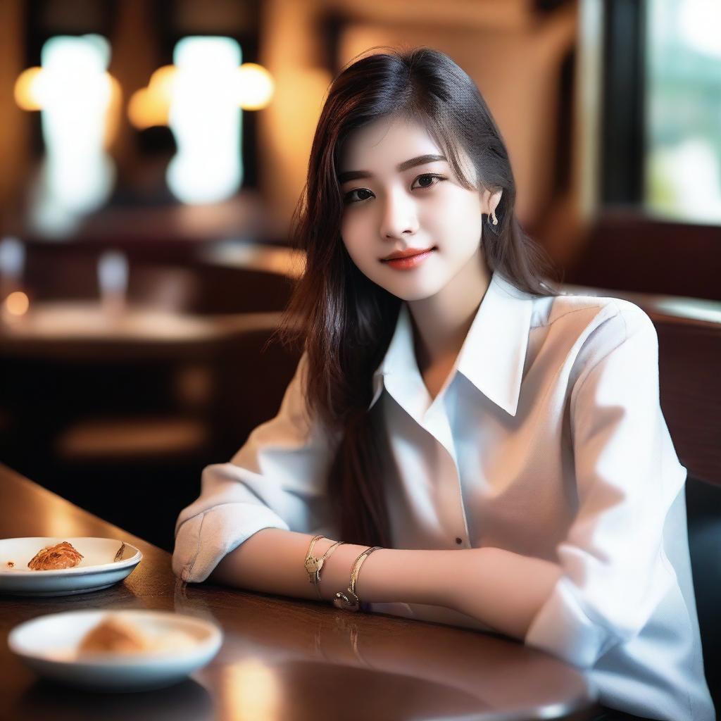 A 20-year-old female wearing a shirt, sitting at a restaurant