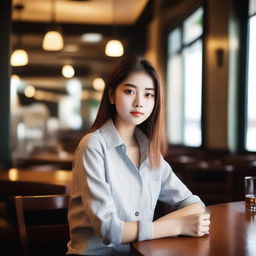 A 20-year-old female wearing a shirt, sitting at a restaurant