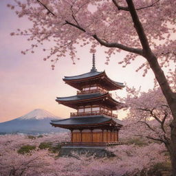 A serene Japanese temple against the backdrop of a cherry blossom tree in full bloom with a peaceful sunset sky.