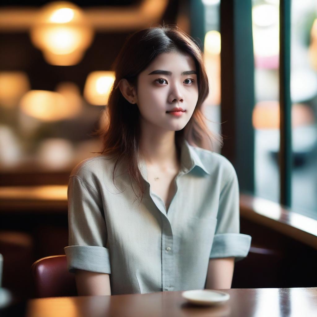 A 20-year-old female wearing a shirt, sitting at a restaurant