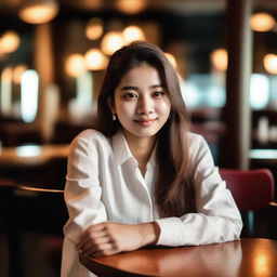 A 20-year-old female wearing a shirt, sitting at a restaurant